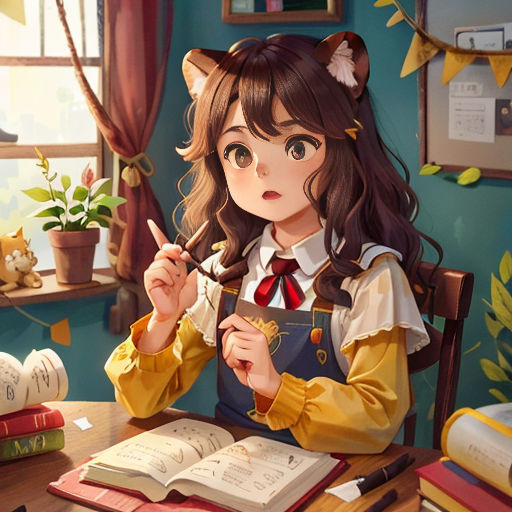 a girl sitting at a desk with a book and a pen in her hand and a book in front of her