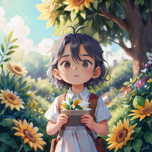 a girl holding a bowl of flowers in a field of sunflowers with a tree in the background