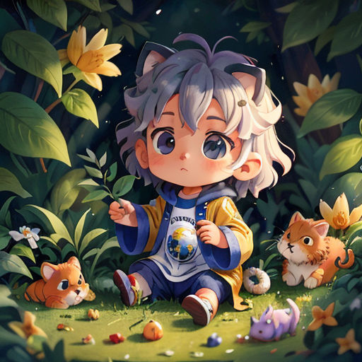 a little girl sitting in the grass surrounded by cats and flowers, with a cat looking at her reflection