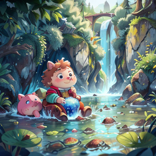 a boy and a pig are sitting in the water near a waterfall and a waterfall is in the background