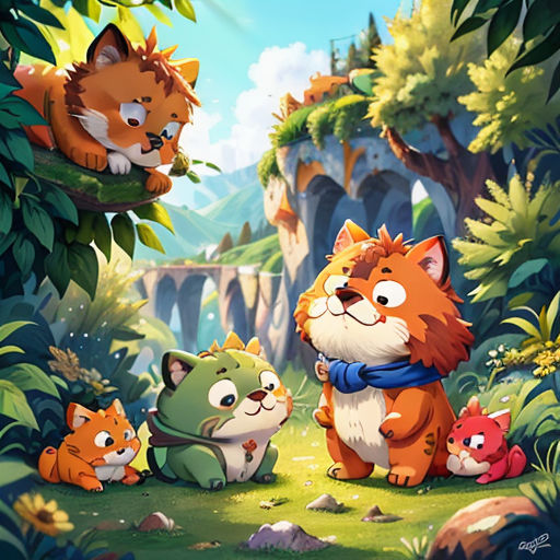 a group of cats standing in a forest next to a forest with trees and rocks on it's sides