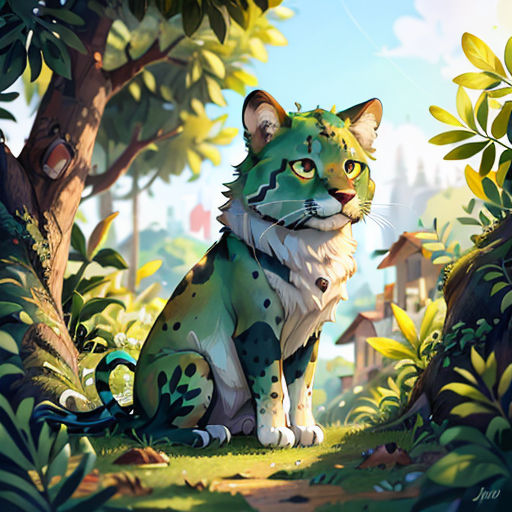 a painting of a cat sitting in the middle of a forest with a bird on its tail and a bird on its tail