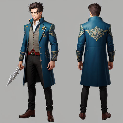 a man in a blue coat and black pants with a sword in his hand and a sword in his other hand