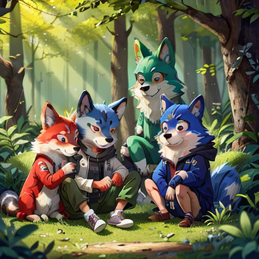 a group of foxes sitting in the woods together, with one of them looking at the camera and the other looking at the camera