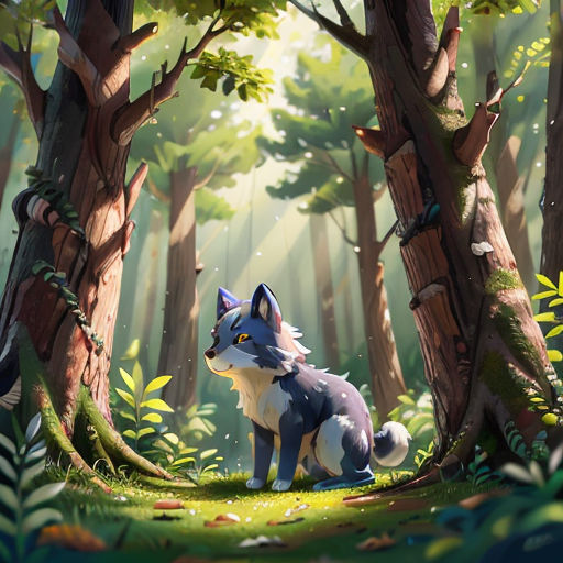 a wolf standing in the middle of a forest with trees and grass on the ground and a forest floor