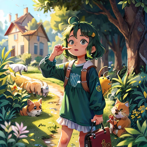a girl in a green dress is standing in the grass with a suitcase and a cat behind her, and a house in the background