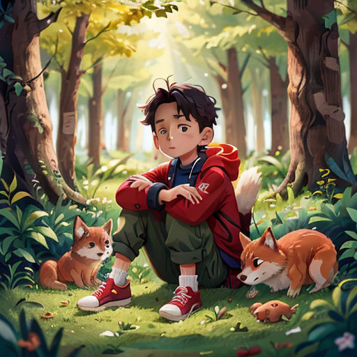 a boy sitting in the woods with two dogs and a cat nearby by him, with a forest scene in the background