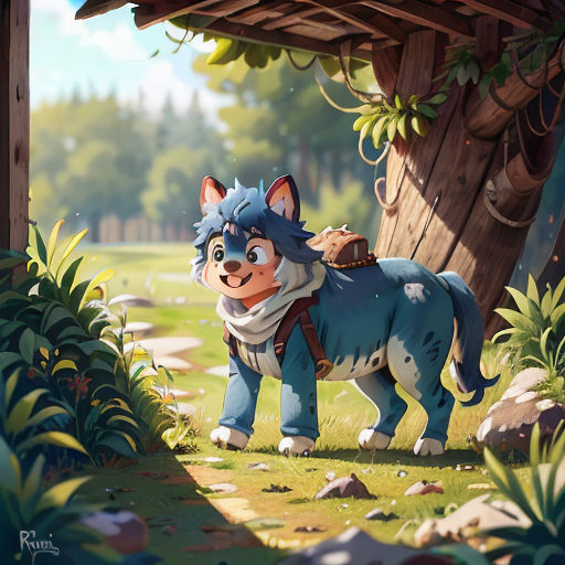 a cartoon character standing in the grass near a tree and a building with a dog on it's back