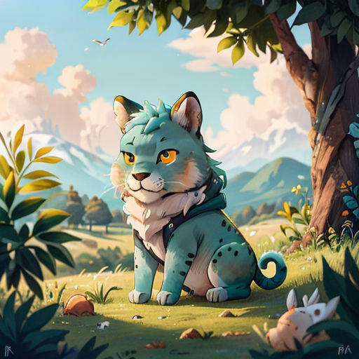 a cat sitting in the grass near a tree and a forest with mountains in the background and clouds in the sky