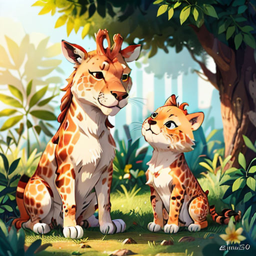 a couple of animals that are sitting in the grass together in the woods with trees and bushes behind them