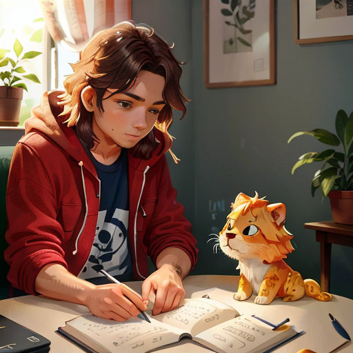 a woman sitting at a table with a book and a cat on it, writing in a notebook with a pen