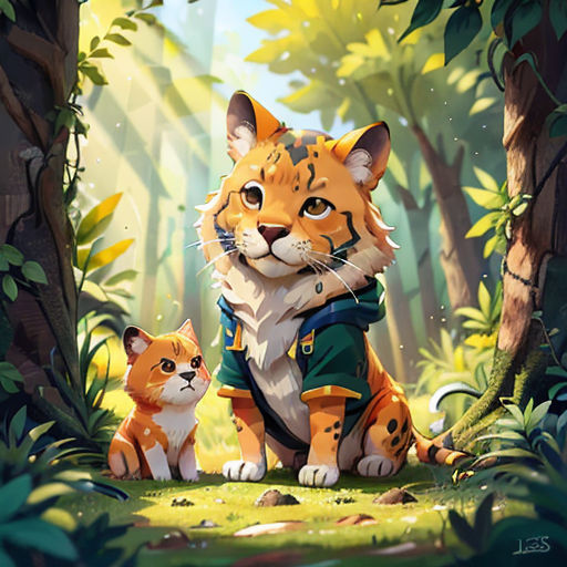 a tiger and a kitten sitting in the woods together, with a forest background and trees in the background
