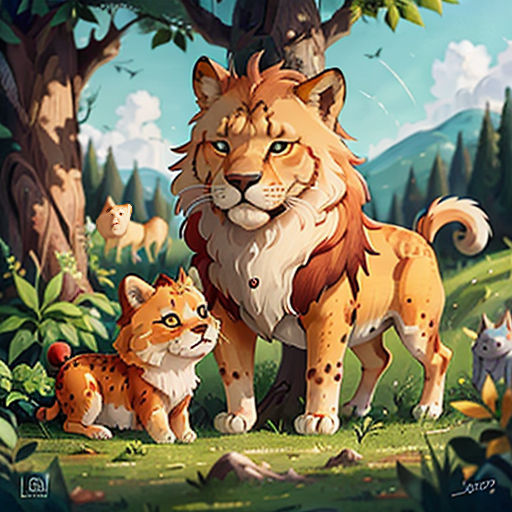 a painting of a lion and two kittens in a forest with trees and bushes in the background, with a blue sky and white cloud