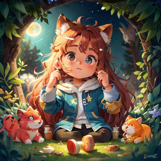a girl sitting in the woods with cats around her and a cat behind her, with a moon in the background