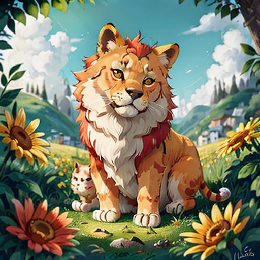 a lion and a kitten sitting in a field of flowers with a sky background and sunflowers in the foreground