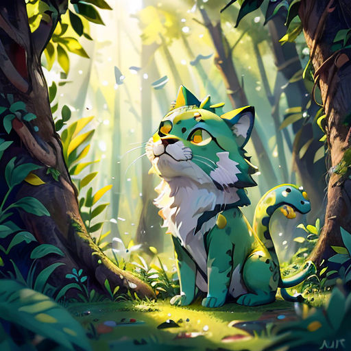 a green and white cat sitting in the middle of a forest next to a tree with a bird on it