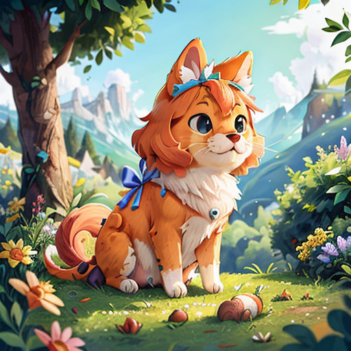 a cat sitting in the grass near a tree and flowers in the background, with a sky background and a mountain range in the distance