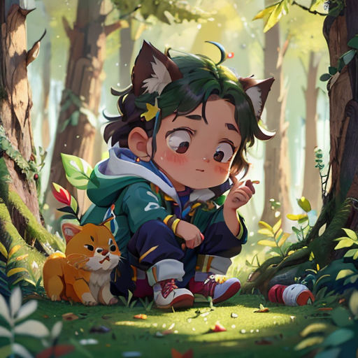 a girl sitting in the woods next to a cat and a cat on the ground, with a forest background