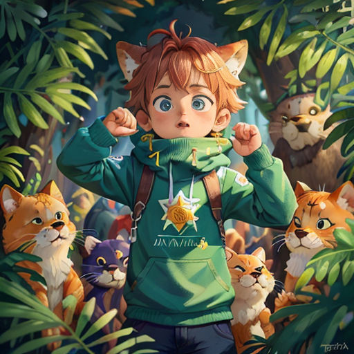 a boy in a green hoodie surrounded by cats and plants with a star on his hoodie and a green sweatshirt