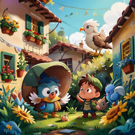 a cartoon of a bird and a boy in a village with a bird on a roof and a bird on a house