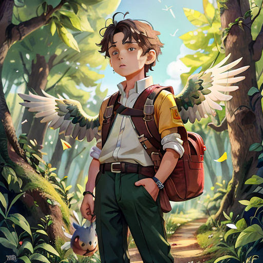 a boy with a backpack and a bird on his shoulder in a forest with trees and leaves, with a path leading to the forest