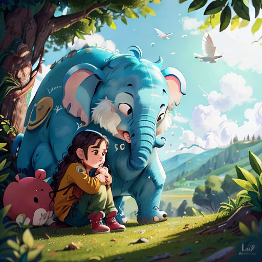 a girl sitting next to an elephant and a pig in a forest with a bird flying overhead and a bird flying overhead