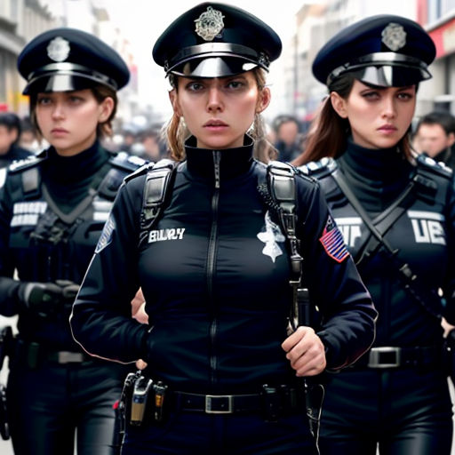 a group of women in police uniforms walking down a street together in a line with police officers behind them