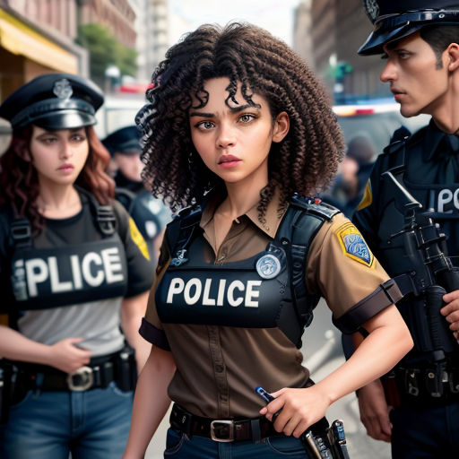 a group of police officers standing next to each other on a street corner with a woman in a police uniform