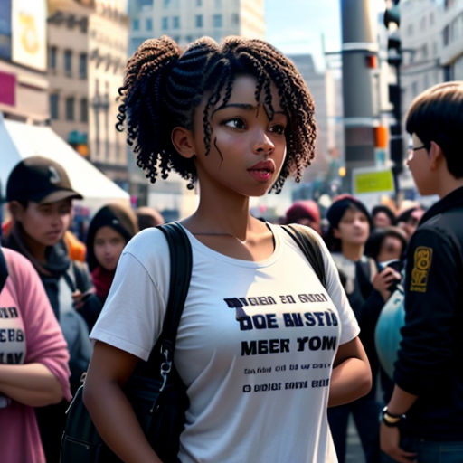 a woman with a white shirt and a black backpack standing in front of a crowd of people on a city street