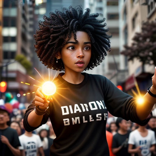 a woman holding a light up in the air with a crowd behind her in a city street with buildings
