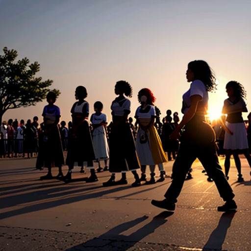 a group of people standing in a line on a street next to a tree and a sky background with the sun setting