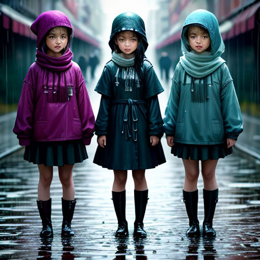 three children standing in the rain in raincoats and boots, all wearing rain boots and rain coats
