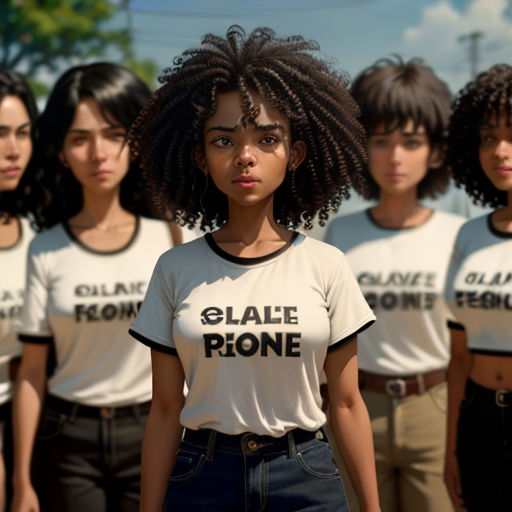 a group of women wearing white shirts with black writing on them, standing in a row, with one woman's face partially hidden behind her