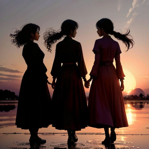 three women standing on a beach at sunset with their hair in the wind and the sun setting behind them