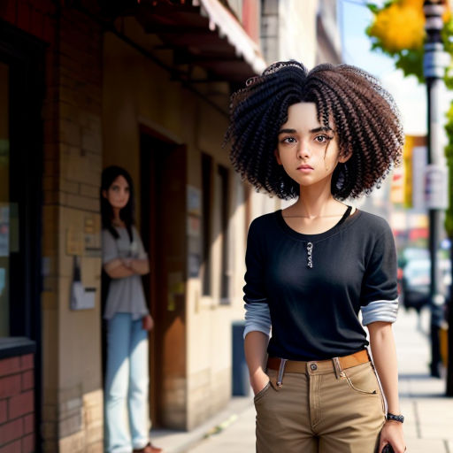 a woman with a suitcase standing on a sidewalk in front of a store front with a woman standing on the sidewalk