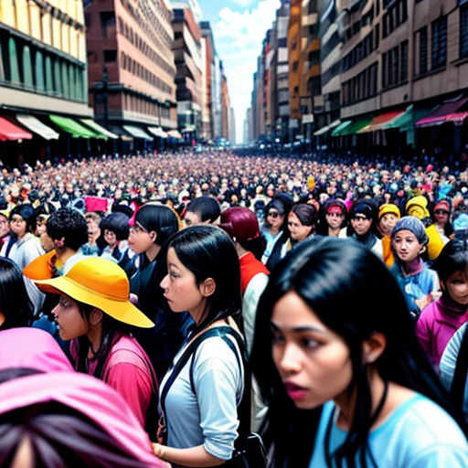 a large group of people standing in a street with buildings in the background and a crowd of people in the foreground