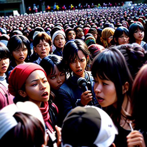 a large group of people standing in a crowd together with microphones in their hands and wearing headscarves