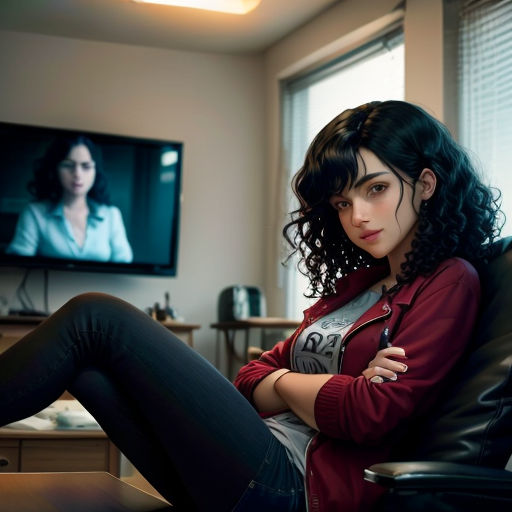 a woman sitting in a chair in front of a tv with a woman on the screen in the background