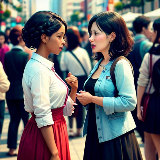 two women standing on a street corner talking to each other and people walking by in the background on a busy city street
