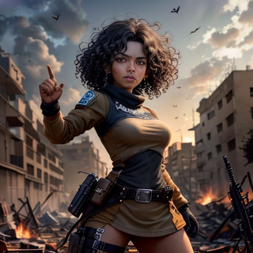 a woman in a uniform pointing at something in the air with a city in the background and birds flying overhead