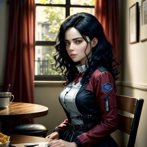 a woman sitting at a table with a plate of food in front of her and a window behind her