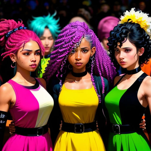 three women with colorful hair standing next to each other in front of a crowd of people wearing colorful wigs