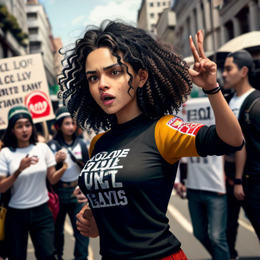 a woman with dreadlocks is standing in the middle of a crowd of people holding signs and a peace sign