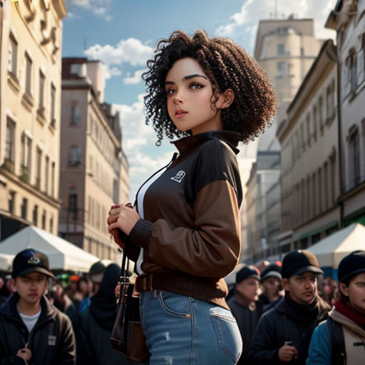 a woman standing in a crowd of people in a city street with a brown jacket on and a crowd of people behind her
