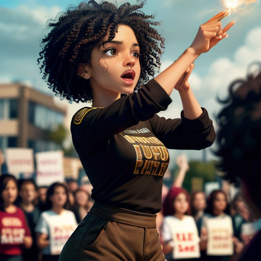 a woman holding a lit sparkler in front of a crowd of people holding signs and signs in the air