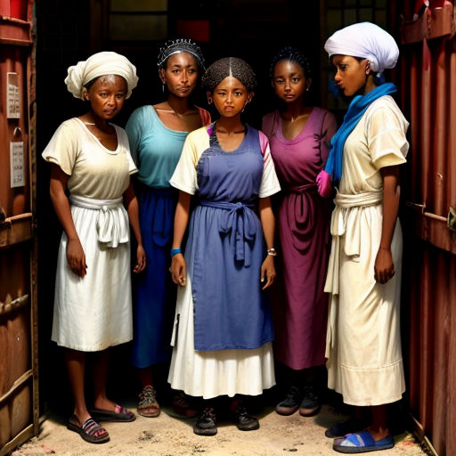 a group of women standing next to each other in front of a door with a red door frame behind them