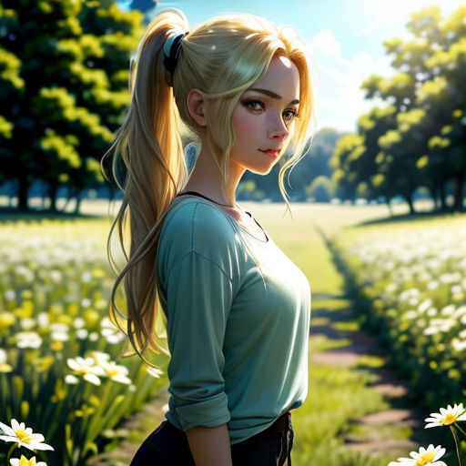 a girl with long blonde hair standing in a field of flowers with a ponytail in her hair and a ponytail in her hair
