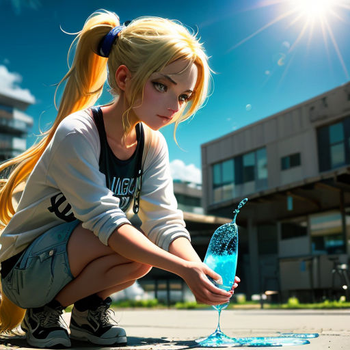 a girl kneeling down with a blue vase in front of her and a building in the background with a bright blue sky