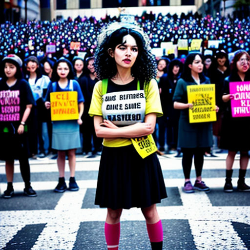 a woman standing in front of a crowd holding signs with words on them and a crosswalk in front of her