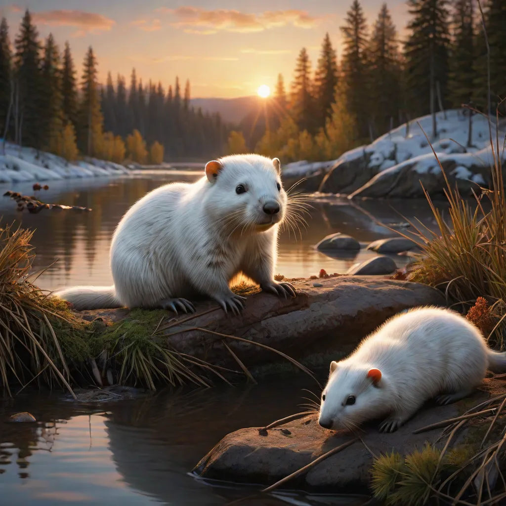 two white animals sitting on a rock in a river at sunset with a mountain in the background and trees, Evgeny Lushpin, environmental art, a photorealistic painting, award-winning photograph